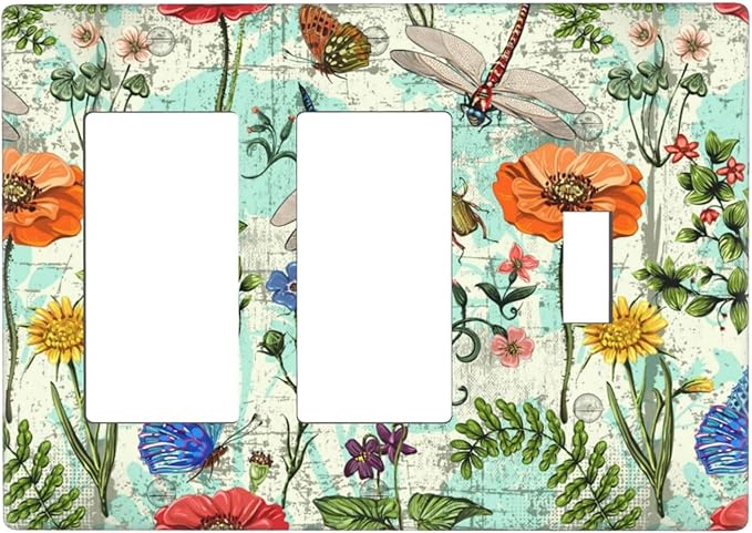 Dragonflies Flowers Butterfly 3 Gang Rocker Rocker Toggle Outlet Light Switch Cover Decorative Wall Plate Cover For Home Living Bedroom Kitchen Decorative