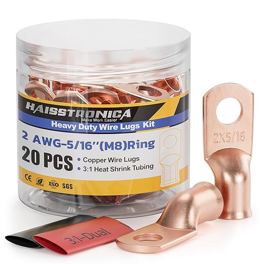haisstronica 10pcs 2 AWG - 5/16" (M8) Battery Cable Lugs, Heavy Duty Copper Wire Lugs with 10pcs 3:1 Adhesive Heat Shrink Tubing, 2 Gauge Wire Connectors Battery Terminal Connector, Battery Cable Ends