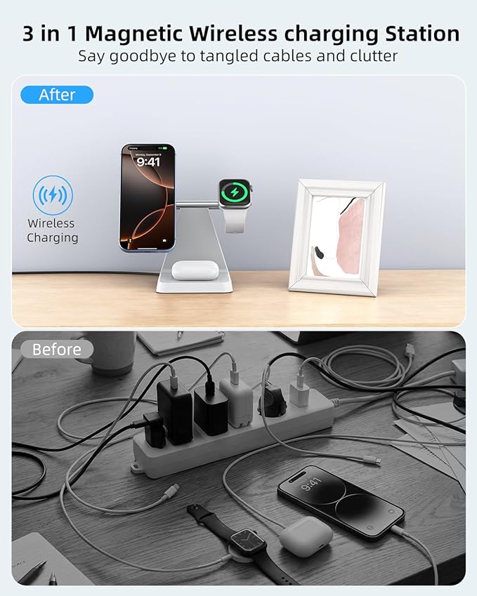 Charging Station for Multiple Devices Apple: 3 in 1 Magnetic Wireless Charger Stand for MagSafe-Compatible Nightstand Charging Dock for iPhone 17 16 15 14 13 12 Pro Max Plus Apple Watch Airpods