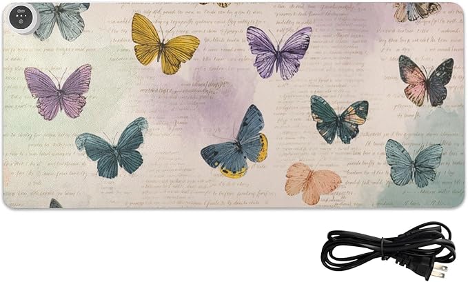 Heated Desk Pad Mouse Pad 31.5x13 Inch PU Leather Desk Mat with 3 Heat Levels Large Mouse Gaming Computer Laptop Mat Vintage Beige Butterflies
