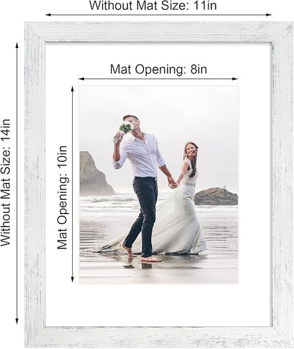 iRahmen 11x14 Picture Frame Set of 4 with Tempered Glass, Distressed White Frame Display 8x10 Picture with Mat or 11 x 14 Without Mat, Wood Rustic Photo Frames for Horizontal or Vertical Wall Mounting