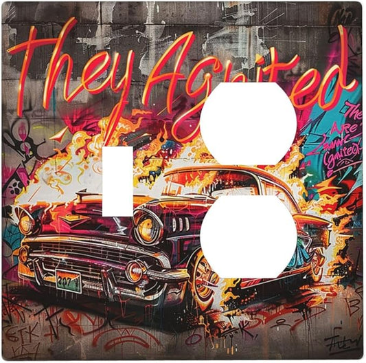 Wallplates Hip Hop Street Graffiti Flame Car 1 Toggle 1 Duplex Switch Plate Electrical GFCI Faceplate Decorative Light Switch Covers for Bedroom living Room Decor