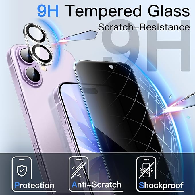 JETech Privacy Screen Protector for iPhone 17 6.3-Inch with Camera Lens Protector, Anti-Spy Tempered Glass Film, Easy Installation Tool, 2-Pack Each