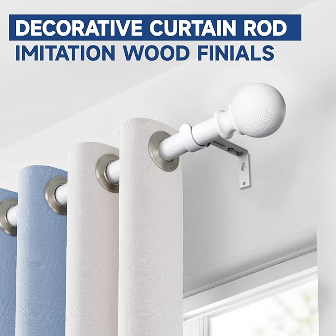 BRIOFOX White Curtain Rods for Windows 48 to 84 Inch(4-7.33ft) - 1'' Diameter Heavy Duty Curtain Rods with Imitation Wood Grain Pattern Finials,Adjustable Decorative Curtain Rods Sets,28-88''