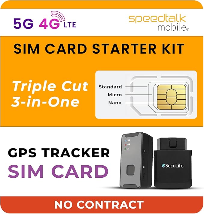 SpeedTalk Mobile GPS Tracker SIM Card Starter Kit | 3 in 1 Universal Simcard: Standard, Micro, Nano for Kids Senior Pet Car Fitness Activity 5G 4G LTE Tracking Devices | No Contract