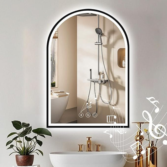 20x30 Inch Arch LED Bathroom Mirror with Bluetooth, Black Lighted Bathroom Mirrors Wall Mounted, Vanity Mirror with Anti-Fog, Memory Function, 3 Color Temperature, Dimmable Led Mirror for Bathroom
