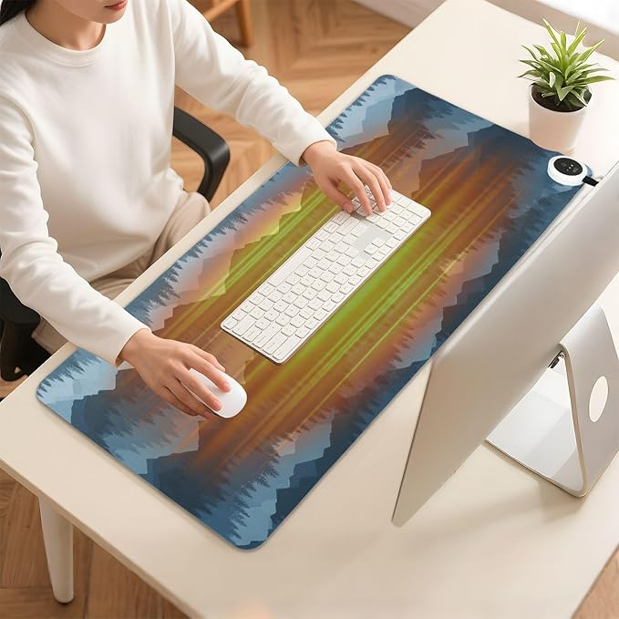Heated Desk Pad Mouse Pad 31.5x13 Inch PU Leather Desk Mat with 3 Heat Levels Large Mouse Gaming Computer Laptop Mat Blue Mountains and Pine Trees