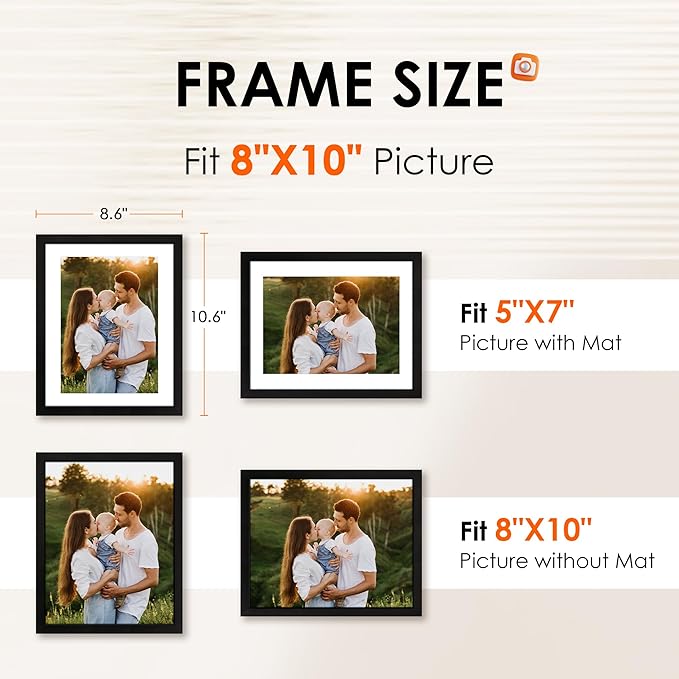 FIXSMITH 8x10 Picture Frame 1 Pack, Photo Frame with HD Plexiglass, Display Pictures 5x7 with Mat or 8x10 Without Mat, Picture Frames Collage for Tabletop or Wall Display, Black