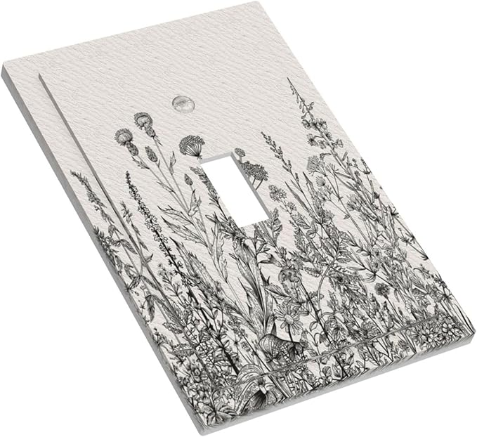 Decorative Light Switch Cover Black and Beige Garden Plants Flowers Single Toggle Personalized Wall Plate Switchplate 1 Gang Switchcover Decora Light Switch Plate for Home Office Decor