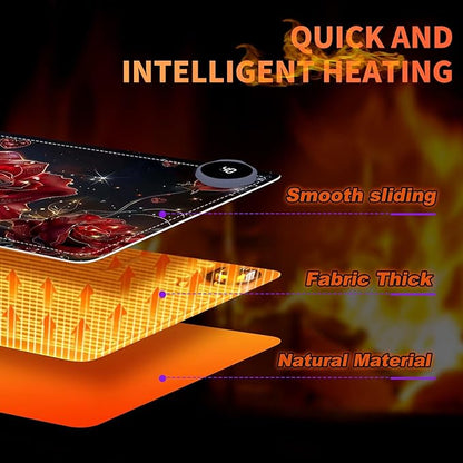 Heated Mouse Pad, Warm Desk Pad, Keyboard Mat 23.6 x 14 Inch Large Size Intelligent Fast Heating, 3 Speed Adjustable, Timed Auto Power Off for Game Office Home, Flowers Roses