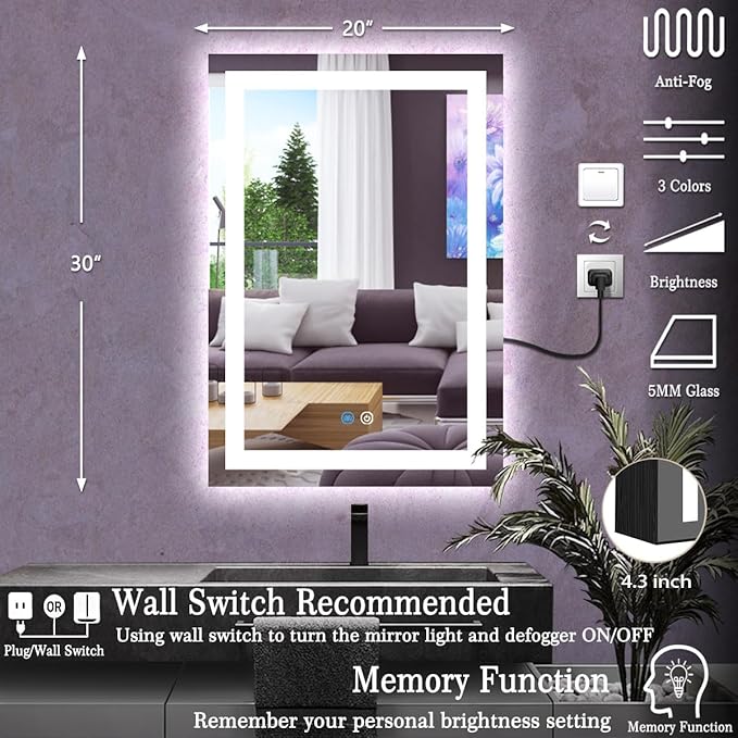 20 x 30 Inch Black Wood Led Medicine Cabinet Mirror with Lights Storage Wooden Cabinets Smart Memory 3 Color Dimmable AntiFog 30" Bathroom Lighted Medicine Cabinet with Mirror and LED Light