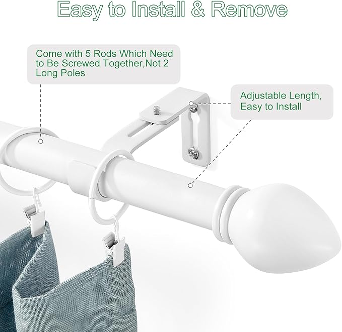Curtain Rods for Windows 16 to 76 inches, Curtain Rod Max Adjustable Length to 88 in, Drapery Rod 1 inch Diameter with Modern Knobs Finials (White, 16" to 76" - Set of 2)