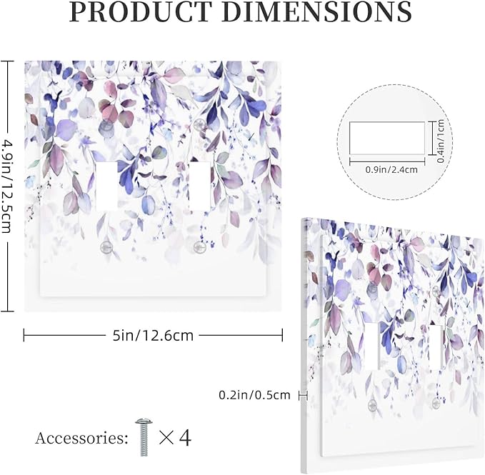 Purple Eucalyptus Watercolor Floral Rustic Leaf Decorative Switch Plates 2 Gang Double Toggle Outlet Light Switch Cover Wall Plate Electrical Faceplate for Farmhouse Home Decor