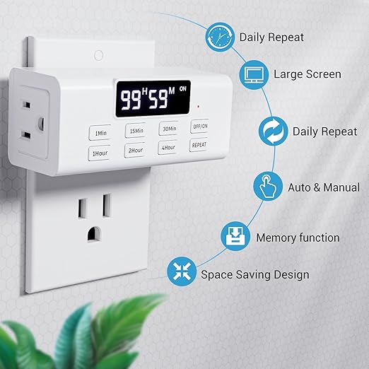 Countdown Timer Outlet, Up to 99 Hours, Large Screen and Repeat Function, Inodoor Auto Shut Off Timers for Charger Light Vacation Security,Digital Timers for Electrical Outlets