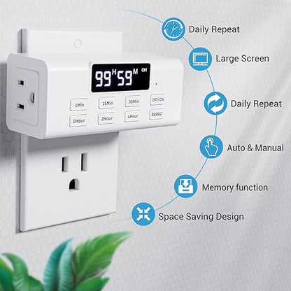 Countdown Timer Outlet, Up to 99 Hours, Large Screen and Repeat Function, Inodoor Auto Shut Off Timers for Charger Light Vacation Security,Digital Timers for Electrical Outlets