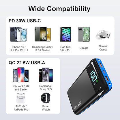 Portable Charger Power Bank 52800mAh Powerbank PD 30W and QC 4.0 Fast Charging Built-in Bright Flashlight LED Display 2 USB 1Type-C Output External Battery Pack for iPhone,Samsung