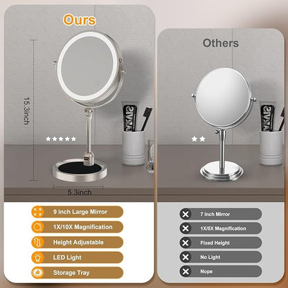 9" Large Lighted Makeup Mirror with 1X/10X Magnification, 4000mAh Rechargeable Vanity Mirror with Height Adjustable & 3 Color Dimmable Lights, 360°Swivel Double Sided Tabletop Cosmetic Mirror