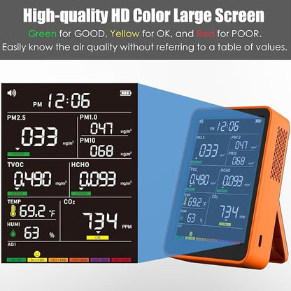 Professional Indoor Air Quality Monitor with AQI Beep Alarms, Portable Real-Time Detector for Home Cars Plants and Pets (Orange)