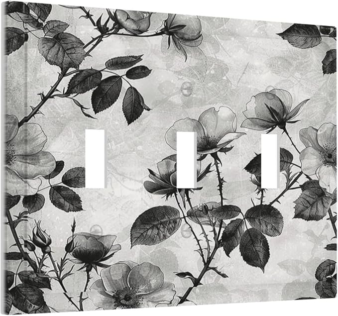Decorative Switch Plates Black Breezy Watercolor Garden Floral 3 Gang Wall Plate Triple Toggle Light Switch Cover Faceplate Electrical Wall Panels for Bedroom Home Decor
