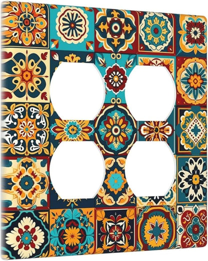 Mexican Talavera Ceramic Tile Moroccan Boho Outlet Covers 2 Gang Double Duplex Decorative Light Switch Covers Electrical Wallplates Socket Faceplate for Bathroom Kitchen Decor