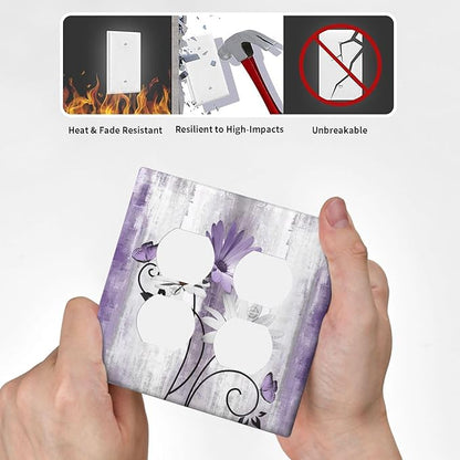 Decorative Outlet Covers Rustic Purple Daisy Grey Flowers 2 Gang Wall Plate Cover Double Duplex Receptacle Two Switch Light Switch Cover Plate Jumbo Dual Faceplate for Home Decor
