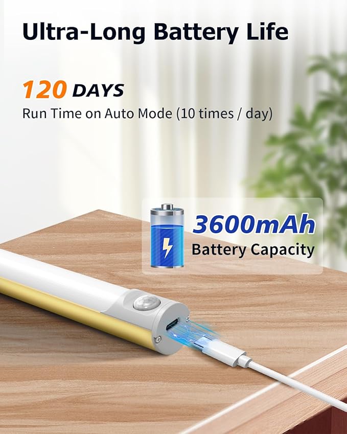 64 LED Under Cabinet Lights, 3 Color Dimmable Motion Sensor Indoor Closet Lights, 3600mAh Rechargeable Under Counter Light for Kitchen, 14 Inch Wireless Battery Operated Night Lighting