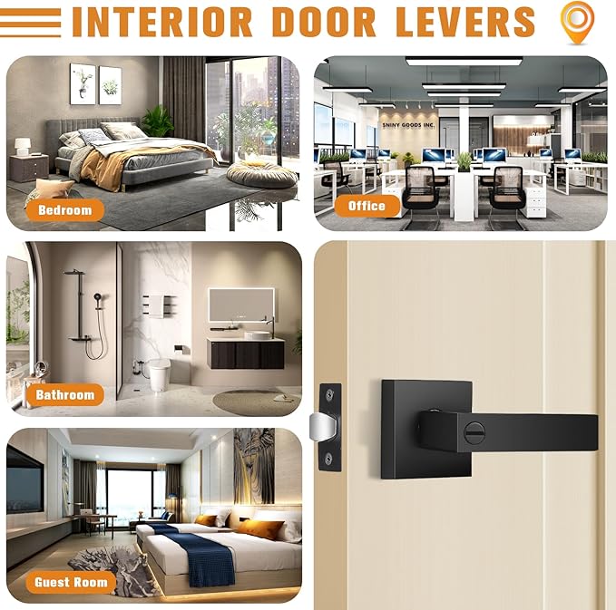 Probrico 4 Pack| Matte Black Square Privacy Door Levers Bed Bath Door Handles, Heavy Duty Interior Keyless Door Locks for Left or Right Sided Doors