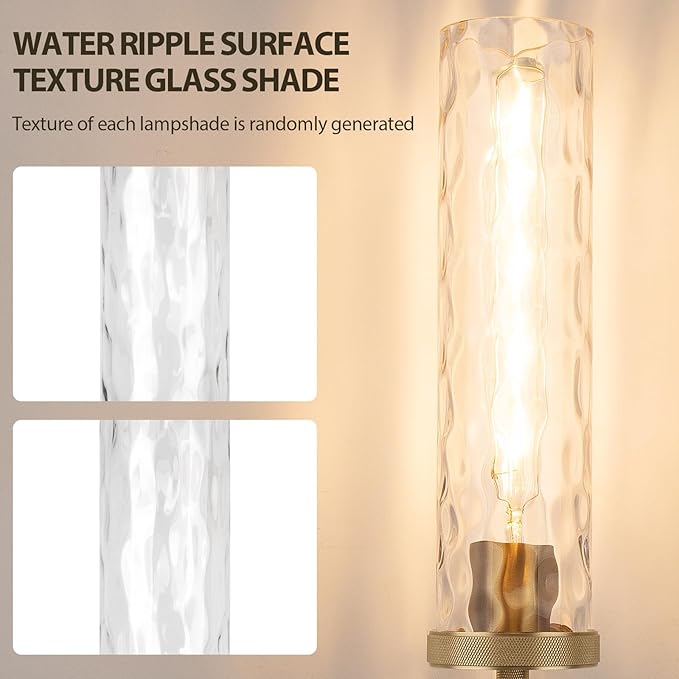 19.5" Knurled Brass Wall Sconces Set of 2, Gold Bathroom Vanity Light Fixtures with Water Ripples Glass Tube, Modern Lamp Lighting for Bedroom, Living Room, Hallway, Staircase, Mirror, Kitchen
