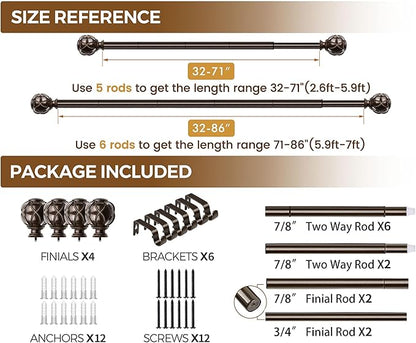 KAMANINA 2 Pack Curtain Rods for Windows 48 to 84 Inch, Antique Bronze Heavy Duty Curtain Rod Adjustable, 7/8 Inch Single Decorative Drapery Rods 32 to 86 Inch(2.6-7.1Ft), Netted Texture Finials