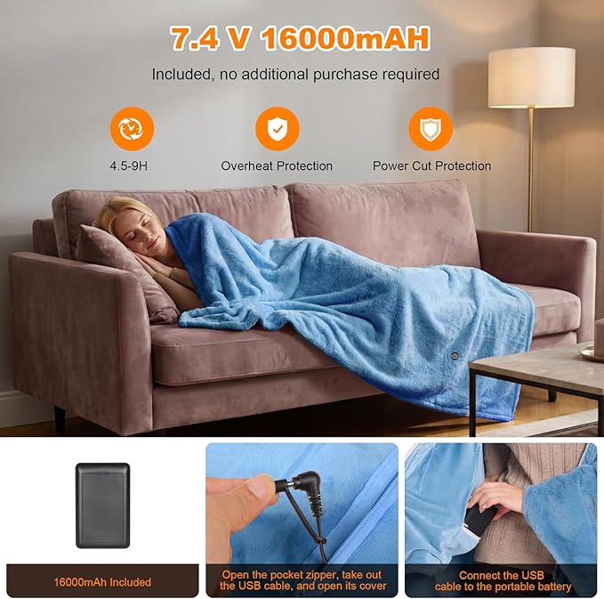 Cordless Heated Blanket Battery Operated with Fleece Lining 7.4V 16000mAh Battery Portable Wearable Heated Shawl for Women Men 6 Heating Zones 3 Fast-Heating Levels (Battery Included)