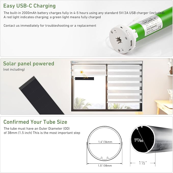 5V USB-C Tubular Motor Blinds Kit Retrofit Motorized Roller Blind with Remote Control, Rechargeable Smart Blinds for Windows