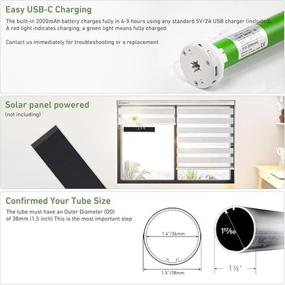 5V USB-C Tubular Motor Blinds Kit Retrofit Motorized Roller Blind with Remote Control, Rechargeable Smart Blinds for Windows