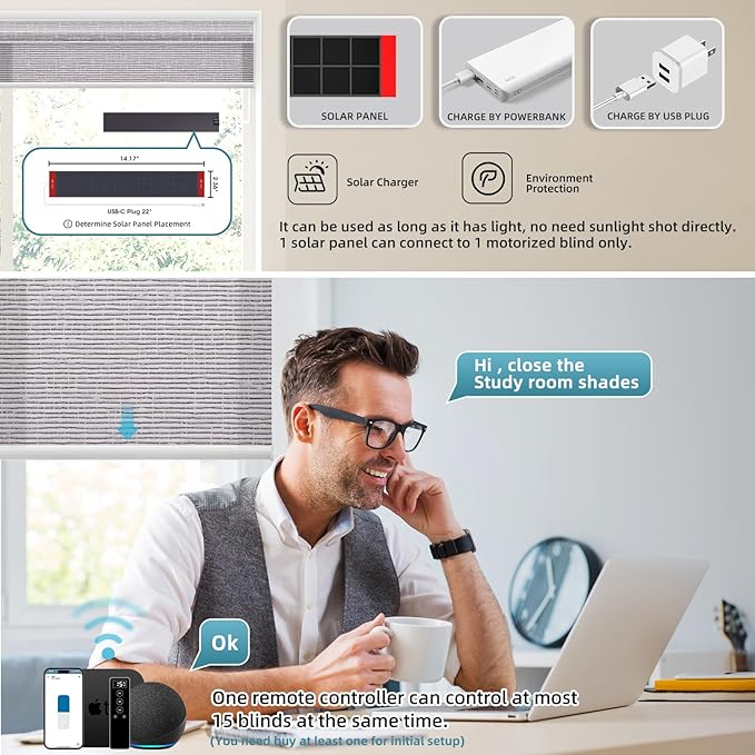 SmartWings Motorized Light Filtering Shades, 70% Blackout, Custom Size, Rechargeable Battery, Works with Matter/Apple HomeKit, Alexa, Thread/Zigbee, Remote Optional, 70% Safari Rock Grey