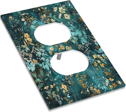 Outlet Covers Green Leaf Floral Boho Golden Flower Plant 1 Gang Duplex Light Switch Cover Decorative Switch Plates Electrical Receptacle Faceplate Wall Plate For Bed Room Cabin Decor