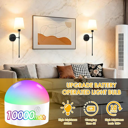 OCATO Battery Operated Wall Sconce: 10000mAh Wireless Wall Sconces Set of Two Rechargeable Lamp Dimmable Magnetic Lights with 7 RGB Colors and Remote Home Decor Walls Decor for Bedroom Living Room