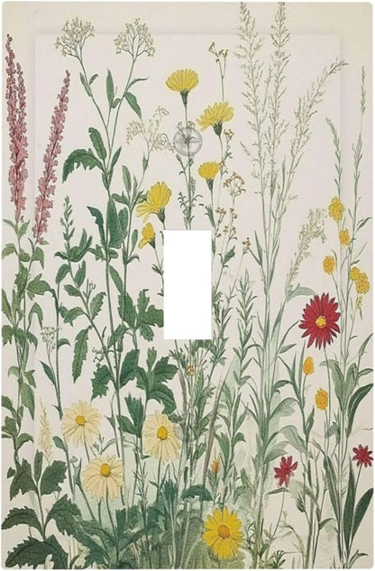 Rustic Wildflower Green Plants Daisy Floral Decorative Light Switch Cover 1 Gang Single Toggle Device Electrical Faceplate Switchplates Decorator Outlet Wall Plate For Farmhouse Bed Room Decor