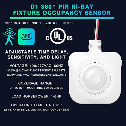 50 Pack Ceiling Occupancy Motion Sensor, Passive Infrared Technology, High Bay Fixture Mount 360 Degree, Hard-Wired, 120-277 VAC, Commercial/Industrial Grade