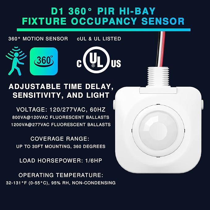 Single Pack Ceiling Occupancy Motion Sensor, Passive Infrared Technology, High Bay Fixture Mount 360 Degree, Hard-Wired, 120-277 VAC, Commercial, Industrial Grade Occupancy Sensor
