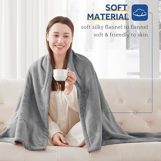 Sealy Electric Blanket Queen Size, Flannel Heated Blanket with 10 Heating Levels & 1-12 Hours Auto Shut Off, Machine Washable, Light Grey, 84 x 90 Inch