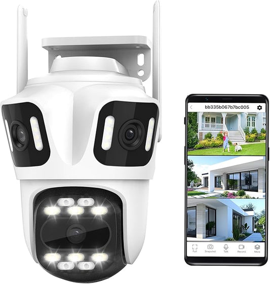 Three Lens WiFi Outdoor Security Camera, 9MP Wireless Home Security Cam, 360° Pan/Tilt, Human Detection, AI Auto Tracking, No Blind Spot, Color Night Vision, Two-Way Audio, Spotlight, IP66