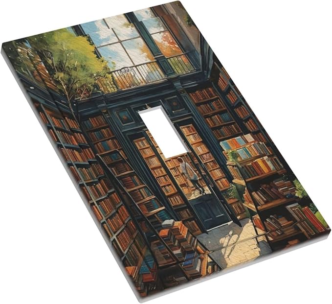 Library With A Lot Of Books Light Switch Covers 1 Gang Single Toggle Wall Plate Decorative Switchcover Electrical Switchplate for Country Living Decor
