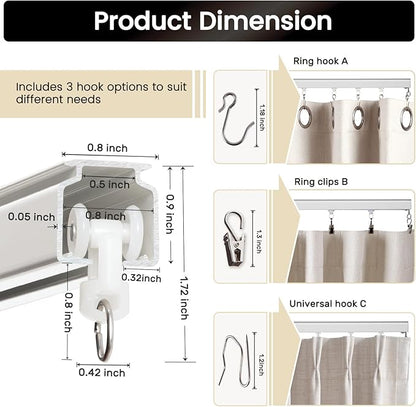 Aluminum 12 ft–15 ft Ceiling Curtain Track Set with 3 Types of Hooks, Adjustable Ceiling/Wall Mount Room Divider Curtain Rail System, White