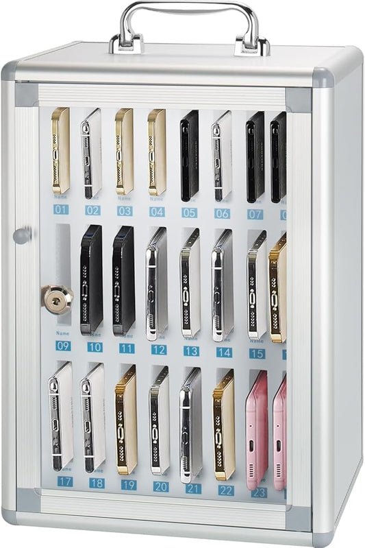 Glosen 24 Slots Cell Phone Locker, Portable Phone Storage Cabinet [Wall Mounted] [Aluminum Alloy] Cellphone Lock Box with Key & Handle for School Classroom Office Exam (Silver)