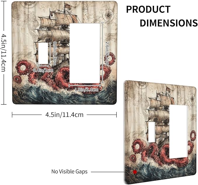 Outlet Covers Vintage Octopus Ocean Sailboat Bizarre Adventure 1 Toggle 1 Rocker Combination Decorative Wall Plate Light Switch Cover Plate Electrical Switch Plates for Bathroom Kids room Decor