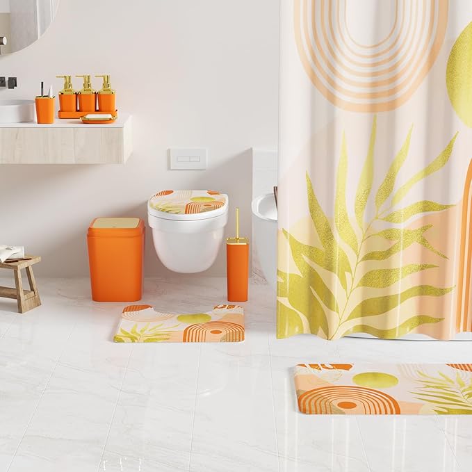 Bathroom Set - Bathroom Sets with Shower Curtain and Rugs, Bathroom Accessory Set, Orange Bathroom Accessories Set with Trash Can, Toilet Brush and Soap Dispensers