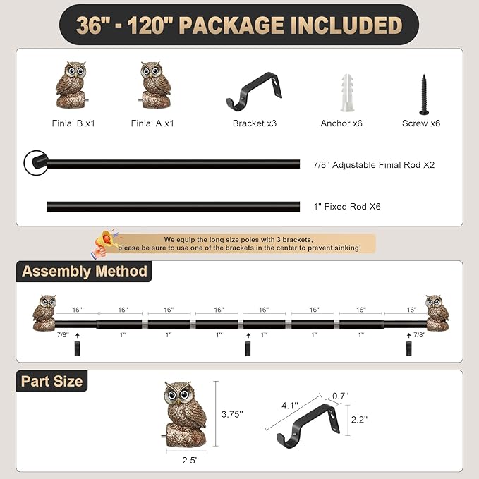Vintage Decorative Black Curtain Rods for Windows 66 to 120 Inch Adjustable Heavy Duty 1'' Diameter Curtain Rod with Owl Finials for Bedroom Living Room Kitchen Farmhouse (36-120'')