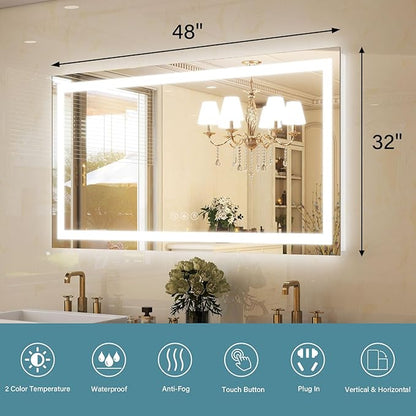 GLSLAND LED Bathroom Mirror - 48"x32" Anti-Fog Lighted Wall Mirrors with Memory Function, Dimmable, Frontlit & Backlit, Horizontally/Vertically, Tempered Glass