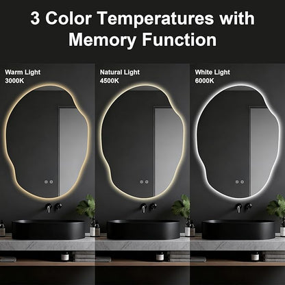 Asymmetrical Bathroom Mirror with Lights,Irregular LED Bathroom Vanity Mirror with Backlit,Anti-Fog,3 Colors and Dimmable Light with Memory,Hardwired Supported[Horizontal/Vertical] 40" H x 30" W