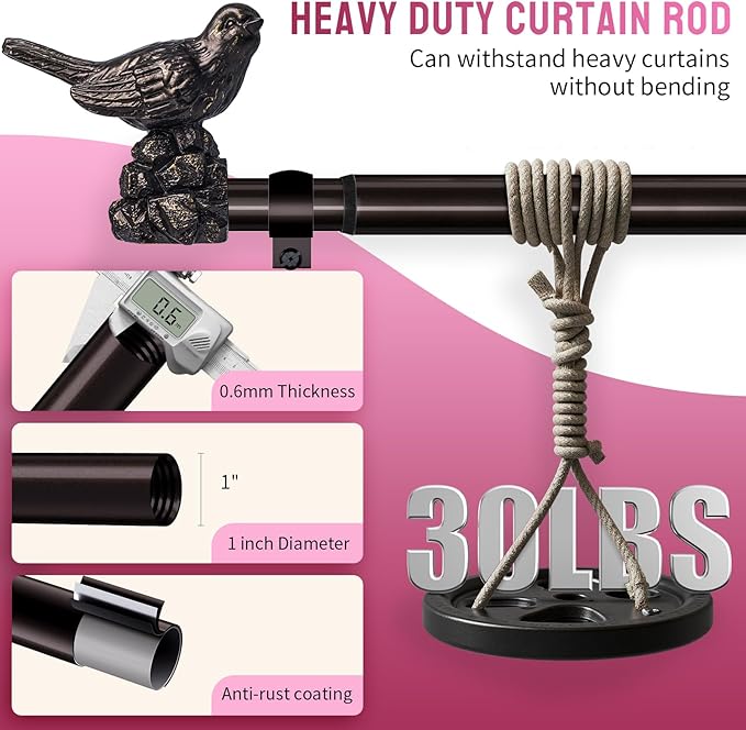 Curtain Rods for Window 36 to 72 Inches Vintage Bronze Curtain Rod with Bird Finials Adjustable Drapery Rod Heavy Duty Curtains Rods for Living Room Kitchen Window