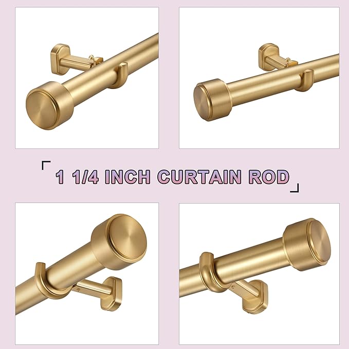 Heavy Duty Curtain Rods,1 1/4" Large Diameter Premium Nonadjustable Curtain Rod,48in/4ft Custom Window Treatment Rods with Durable Aluminum Brackets and End Caps,Gold Finish